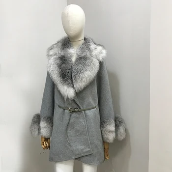 Cachemira abrigo de piel de las mujeres Mezclas de Lana Outwear Floja Versión de la Chaqueta de Cuello Chal Con Fox Fur chaquetas de piel para mujer