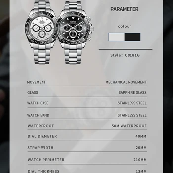 CADISEN Diseño 2021 Hombres Relojes Mecánicos parte superior de la marca de lujo de Daytona automático reloj de Pulsera de los hombres 100M Impermeable reloj de hombre