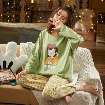 CAIYIER Nueva 2020 las Mujeres Pijama Conjunto Precioso Gato de Impresión de Algodón ropa de Dormir de Manga Larga + Pantalón ropa de dormir de las Niñas de la Moda de Invierno de ropa de hogar