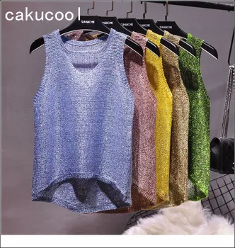 Cakucool Bling de punto de la parte Superior del Tanque camis de verano de las Mujeres de Lentejuelas Brillantes Lurex Hueco Camiseta sin Mangas Sexy ropa femenina de 5 colores