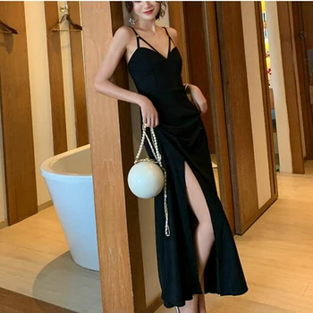 Caliente 2020 Vestido Largo Maxi de la Mujer V-cuello la Correa de Espagueti del Club Sexy Cintura Alta Negro Slim Doble de Verano de Split Casual Gótico Vestidos