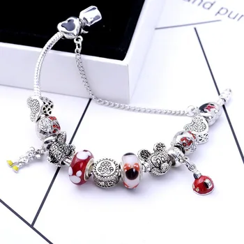 Caliente Panjia estilo de dibujos animados de Mickey con cuentas pulsera de mujer retro de plata revestidos de la serpiente de la cadena de la joyería del 14 de febrero Día de san Valentín de regalo