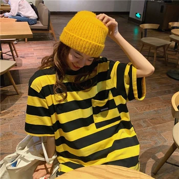 Casual Suelto Básica de Rayas Bolsillo Simple de la Universidad de Viento de Manga Corta O-cuello de 2020 Verano de la Primavera de las Mujeres Top camisetas