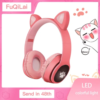 Cat Ear Bluetooth 5.0 Auriculares LED con Cancelación de Ruido Niñas, Niños Lindos Auriculares Apoyo TF Tarjeta de Jack de 3,5 mm de Micrófono Inalámbrico de Auriculares