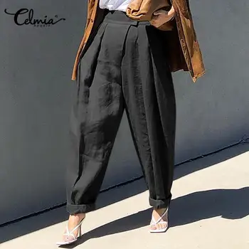 Celmia Vintage Pantalones de Lino 2021 de la Mujer de Moda Casual Botones Bolsillos Anchos de la Pierna de los Pantalones de Cintura Alta Sólido, Pantalones Harem, Más el Tamaño
