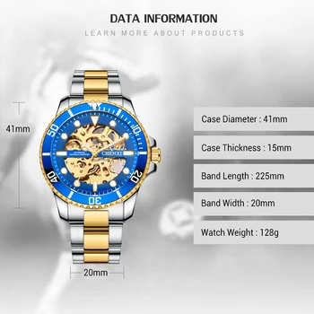 CHENXI de la Marca de Lujo Clásico Azul de los Hombres Relojes Mecánicos Automáticos del reloj de Pulsera Masculino Impermeable de Acero Inoxidable Reloj de Hombre Regalo