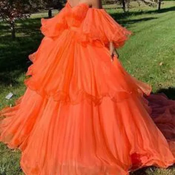 Chic Fuego Naranja Niveles Tutu Vestidos De Fiesta 2019 Vestidos De Baile De Promoción Con Puff Mangas Completas Fuera Del Hombro Vestido De Fiesta Vestido Formatura
