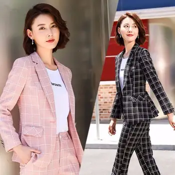 Chic pequeño traje chaqueta mujer 2019 otoño nuevo coreano de la moda plaid traje de chaqueta + pink plaid pantalones
