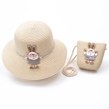 Chica de niños Lindos casual sombrero de paja +bolso de los conjuntos de Niño bebé al aire libre, viajes de vacaciones a la playa floppy hat bolsas de conjunto de la flor de sol, gorra de panamá