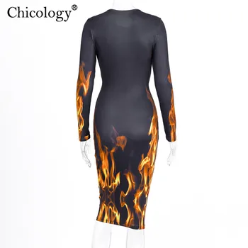 Chicology fuego de impresión sexy vestido midi de las mujeres de manga larga de bodycon streetwear 2019 otoño invierno partido club señora de ropa casual