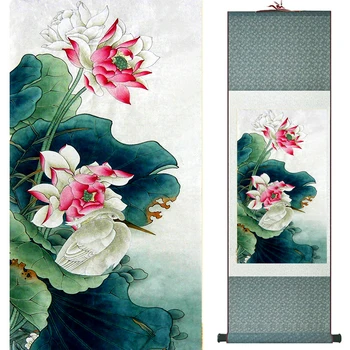 Chino tradicional arte de la pintura de la pintura de flores de Seda de desplazamiento de arte de pintura, lirio de agua y de los pájaros pintura 040710