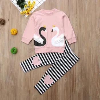 Citgeett Cisne de las Niñas de Bebé Traje de la parte Superior de color Rosa de la camiseta+Pantalones de Rayas Conjunto de Niño de Otoño de la Ropa Conjunto de Chándal