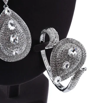 Clásico Color Plata Gota de Agua de Diseño de Cristal de diamante de imitación Collar Pendientes Pulsera de la Joyería Anillo de Conjuntos para Mujeres Regalos