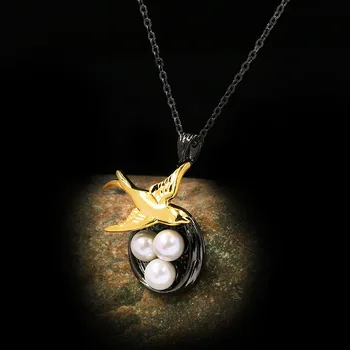 Clásico y elegante de la Perla Colibrí Urraca Colgante de Plata 925 Collar de Clavícula Cadena de Oro Negro de Dos tonos de Collar