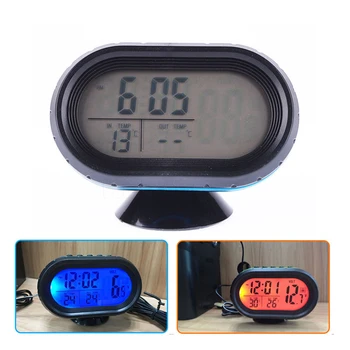 Coche Termómetro Digital Reloj de Automóviles Reloj LED encendido Automático de Doble Indicador de Temperatura del Voltímetro Probador de Voltaje de 12V 24V de entrada