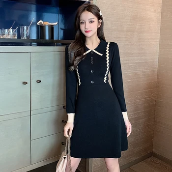 COIGARSAM Moda Tejido de punto de las Mujeres de una sola pieza vestido coreana de la Primavera Nueva Cintura Alta Vestidos de Negro, Albaricoque 6120