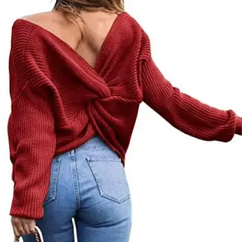 Color sólido V Cuello Torcido de nuevo Nudo de Suéter de las Mujeres de Manga Larga de los Puentes Pullover Niñas Suéter de punto