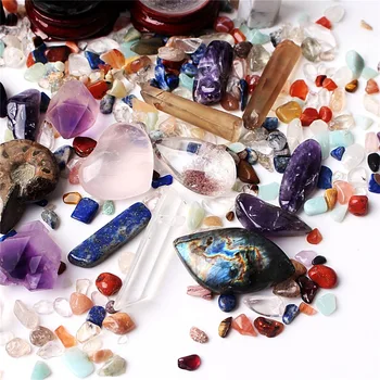 Colorido Chakra de Cristal de Cuarzo Obelisco&Ball&Grava Muestras de Minerales Curativos de las Gemas con una bolsa