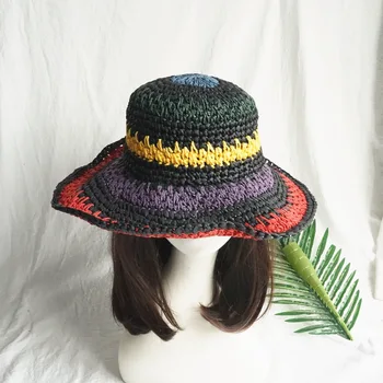 Comercio exterior original de la factura de exportación de color de la raya tejida a mano de paja de sombrero de mujer de verano a la sombra de vacaciones a la playa