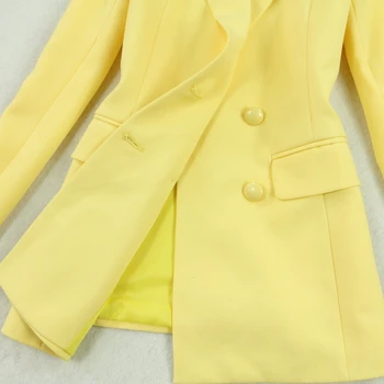 Conjunto de las mujeres de nueva moda de manga larga, de doble botonadura de las mujeres de color amarillo párrafo largo traje + bolsa de cadera cintura alta falda OL traje de viento