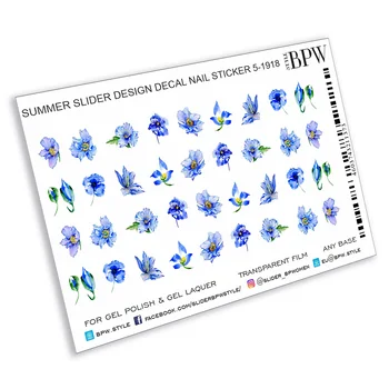 Control deslizante de diseño de flores de color azul, BPW.estilo, Agua pegatinas en las uñas, sd5-1918