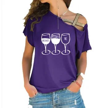 Copa de Vino de Impresión de la Camiseta de Mujer de Manga Corta Camiseta de Verano de 2020 las Mujeres Irregulares Sesgo de la Cruz Vendaje de algodón camiseta tops