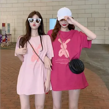 Corea del Estilo de la camiseta de las Mujeres de Moda de la Primavera Verano de Manga Corta de Cuello Redondo de la Mujer T-camisa de Conejo Lindo de Impresión de la Camiseta de las Mujeres