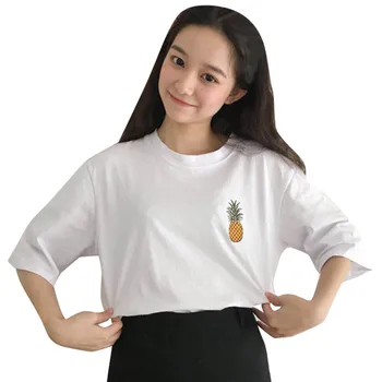 Coreano de Moda de camisetas de Ropa de las Mujeres de gran tamaño de la Piña Divertido Bordado Camisetas de la Mitad de la Manga O-cuello Tops Sueltos