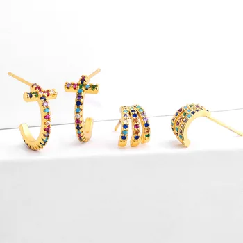 Cruz de Oro de Color de los Pendientes de las Mujeres Stud Earring CZ Pavimentado arco iris de la Moda de la Joyería Pequeña Mini C Tacos Aretes Delicada Escalador MZ048