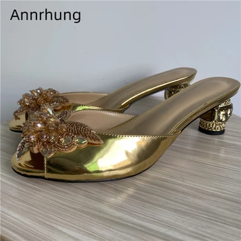 Crystal Butterfly-flower Banquete de Zapatos de Mujer con Joyas de Diamantes de Tacón Sexy Peep Toe de Oro de Cuero de Patente de diamante de imitación de Zapatillas de Mujer