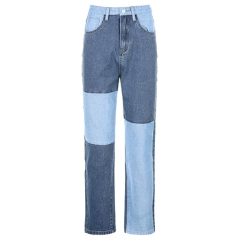 Darlingaga Moda Patchwork Azul Jeans De Damas De La Alta Cintura De La Mujer Pantalones De Streetwear Striaght Del Dril De Algodón Pantalones Pantalones De Color En Contraste