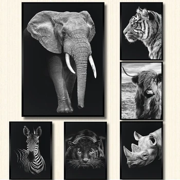 De animales de la Jirafa Cebra León Elefante Tigre de Vaca y de Impresión de Póster, Negro, Blanco Lienzo de Arte de la Pared Decorativos Imágenes para la Sala de estar