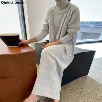 De cuello alto de la temporada Otoño-Invierno Suéter Vestido de las Mujeres 2020 coreano de la Moda Casual de Manga Larga de Tamaño Más Grueso Vestido Largo robe longue