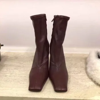 De cuero genuino Botas de Tobillo para las mujeres, de 9,5 cm de tacones de pies cuadrados de la pista de 2018 sexy slim zapatos vino rojo verde zapatos mujer