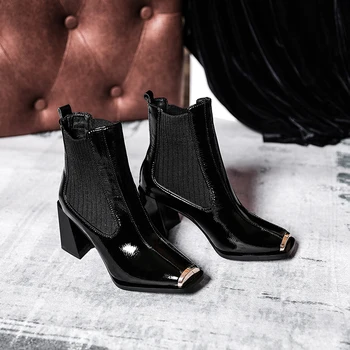 De Cuero genuino de las Mujeres del Bloque de Tacón alto Botas de Tobillo de Diseño Clásico metal Zapatos de dedo del pie Para las Mujeres que Trabajan Oficina de Zapatos de Mujer