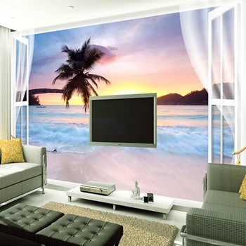 De encargo de la Pared Mural de Papel de la Ventana de la Playa de la puesta de sol Paisaje Natural de 3D Estereoscópico, TV de Fondo de la Pintura de la Pared de papel Tapiz de la Sala de estar