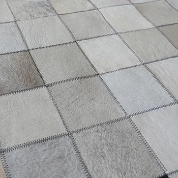 De estilo europeo, negro, blanco y gris natural de vaca alfombra suave de cuero de vaca de patrón geométrico de punto hecho a mano de cuero de la alfombra