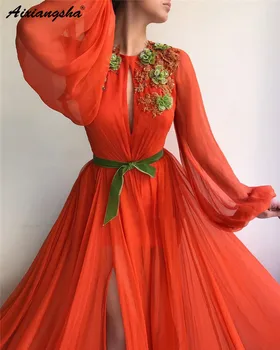 De gasa de color Naranja Vestido de Noche Largo de Una Línea O-Cuello Mangas largas de Encaje 3D Flor de Noche Formal, Vestidos de Fiesta Vestido de fiesta