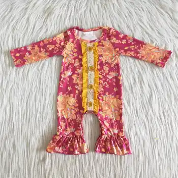De las niñas de bebé 2 piezas de ropa de niños de borgoña floral trajes de volantes de decoración a juego con mameluco