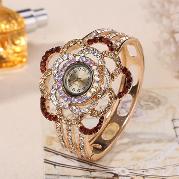 De lujo Elegante Reloj de Pulsera de las Señoras de Diseño de la Flor de Oro de la Aleación de Banda de las Mujeres se visten los Relojes de Cristal de Mujeres reloj de Pulsera bayan saat