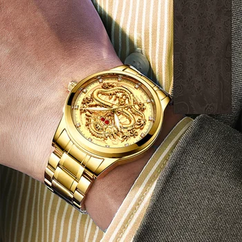 De lujo en Relieve de Oro del Dragón Reloj de los Hombres de Acero Lleno Impermeable Reloj para Hombre de Diamante de Rubí de la Moda Casual de Cuarzo de Japón del Reloj de Nuevo 2019