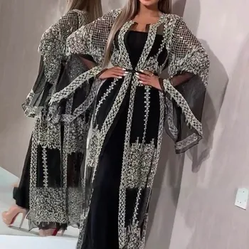 De Lujo Musulmán De Malla Abaya Vestido De Chaqueta De Lentejuelas Kimono Túnica Larga Vestidos De Jubah Vestidos Sexy En La Parte Oriente Medio Eid Ramadán Islámico
