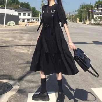 De Manga corta Vestido de las Mujeres de Negro de la Correa Suelta Patchwork Japonés de estilo de la Moda de Vestidos de Estudiante con Estilo Street-wear Simple Ulzzang