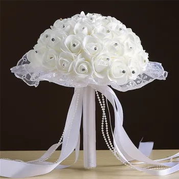 De novia de la boda de la cinta con cuentas de la celebración de la flor de la espuma de la simulación de la flor de la rosa blanca ramo de flores multicolor