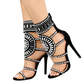 DIJIGIRLS las Mujeres de la Moda de Dedo del pie Abierto de diamantes de imitación de Diseño Sandalias de Tacón de Cristal de Tobillo abrigo Brillo de Diamante de Gladiador Negro