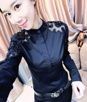 Dingaozlz 2018 Otoño Nueva señora de la Oficina blusa de Patchwork camisa de manga Larga Blusa de la Mujer de Moda Tops Ropa de Cuentas de la camisa
