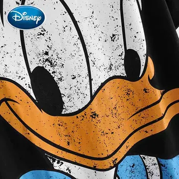 Disney Moda Lindo Pato Donald Dibujos Animados De Impresión T-Shirt Negro O-Cuello De Jersey De Manga Corta Casual Dulce De Las Mujeres Suelta Camiseta Tops