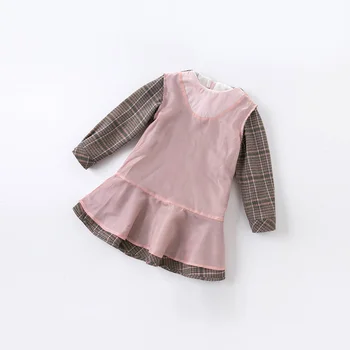 DKH14190 dave bella otoño chica de moda del arco de la tela escocesa de impresión vestido de los niños dulce vestido de los niños bebé ropa de lolita