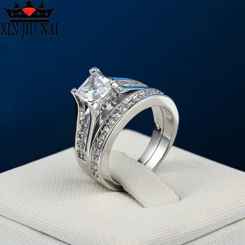 Dos piezas de las Mujeres Zirconia Blanco Diamante Anillo Doble de Plata de Color de Cristal Hembra de Compromiso anillo de Bodas Anillo de los anillos de las mujeres