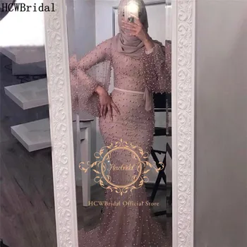 Dusty Rose Musulmán Vestido De Noche De Manga Larga Vestido De Sirena De Lujo Perlas Árabe De Baile Vestido De Mujer En Tallas Vestidos Para Ocasiones Formales
